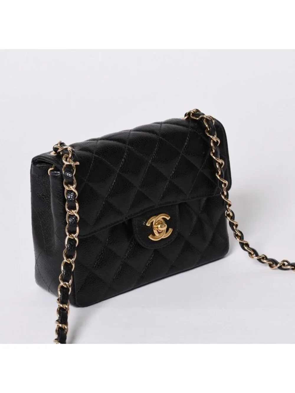 Chanel Mini Quilted Chain Shoulder Bag Caviar Leather Gold Black